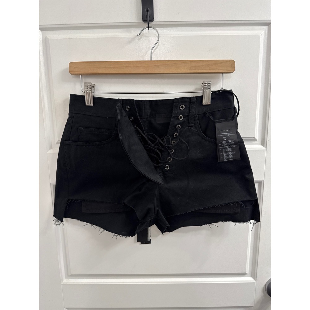 Ben Taverniti Unravel Project Black Cotton Twill Reverse Lace Up Shorts 24 NEW